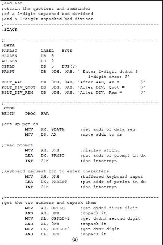 Figure showing assembly language program to illustrate using the AAD instruction in conjunction with the DIV instruction: (a) the program and (b) the outputs.