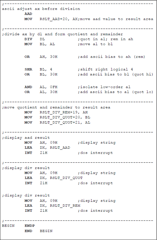 Figure showing assembly language program to illustrate using the AAD instruction in conjunction with the DIV instruction: (a) the program and (b) the outputs.