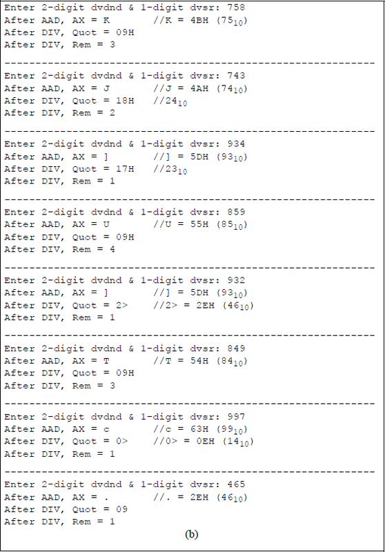 Figure showing assembly language program to illustrate using the AAD instruction in conjunction with the DIV instruction: (a) the program and (b) the outputs.