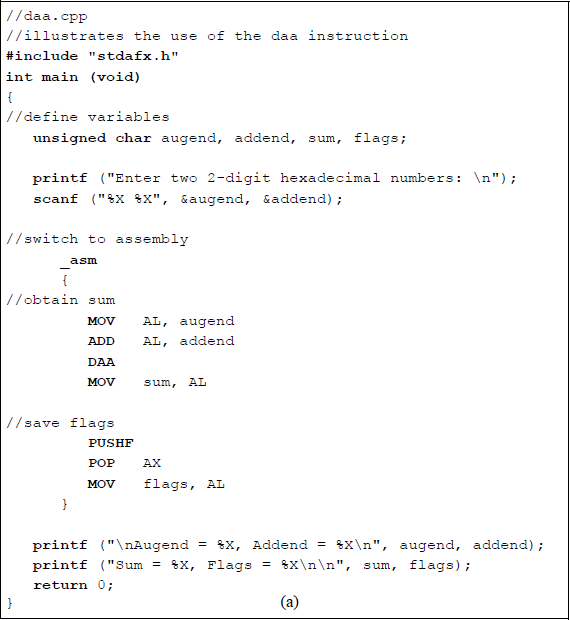 Figure showing program to illustrate the use of the DAA instruction: (a) the program and (b) the outputs.