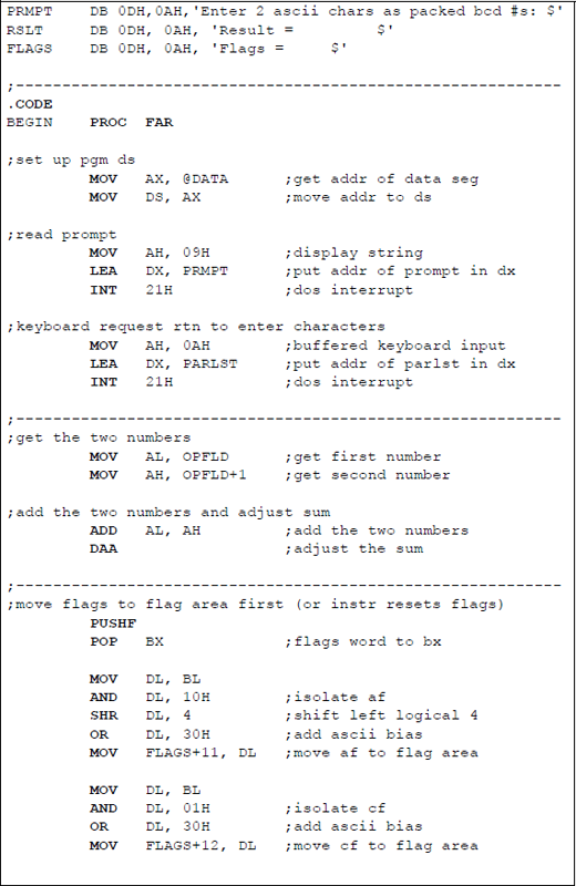 Figure showing assembly language program to illustrate using the DAA instruction: (a) the program and (b) the outputs.