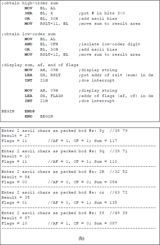 Figure showing assembly language program to illustrate using the DAA instruction: (a) the program and (b) the outputs.