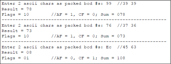 Figure showing assembly language program to illustrate using the DAA instruction: (a) the program and (b) the outputs.