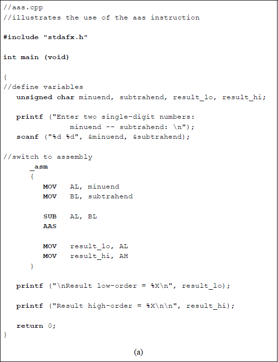 Figure showing program to illustrate using the AAS instruction: (a) the program and (b) the outputs.