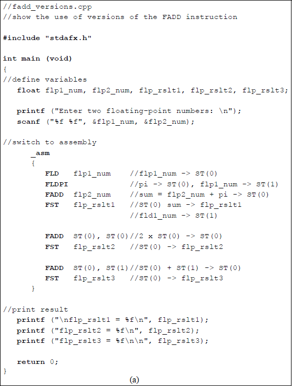 Figure showing program to illustrate using versions of the FADD instruction: (a) the program and (b) the outputs.