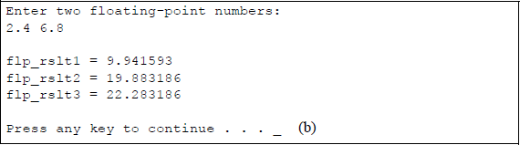 Figure showing program to illustrate using versions of the FADD instruction: (a) the program and (b) the outputs.