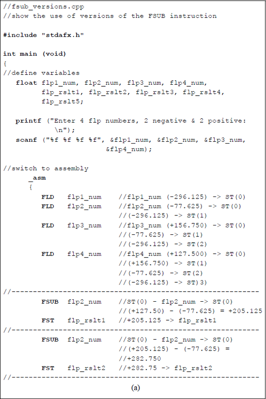 Figure showing program to illustrate using versions of the FSUB instruction: (a) the program and (b) the outputs.