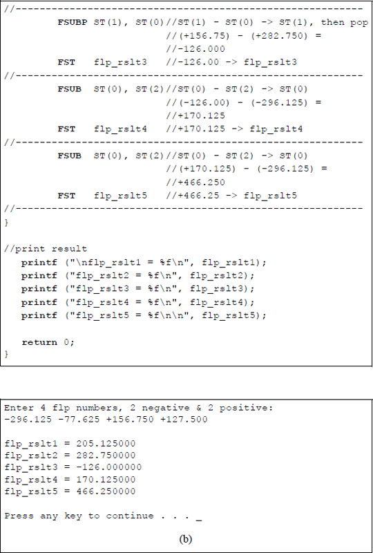 Figure showing program to illustrate using versions of the FSUB instruction: (a) the program and (b) the outputs.