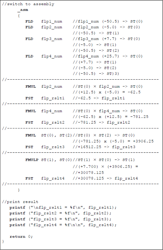 Figure showing program to illustrate using versions of the FMUL instruction: (a) the program and (b) the outputs.