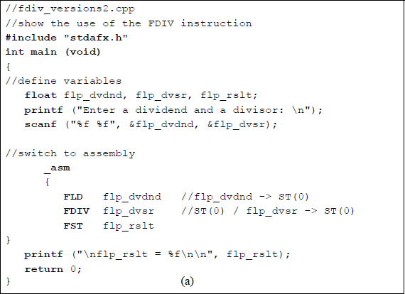 Figure showing program to show a divide operation of 82.00 / 9.00 to yield a quotient of 9.111111: (a) the program and (b) the outputs.