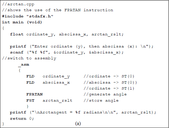Figure showing program to illustrate the use of the partial arctangent FPATAN: (a) the program and (b) the outputs.
