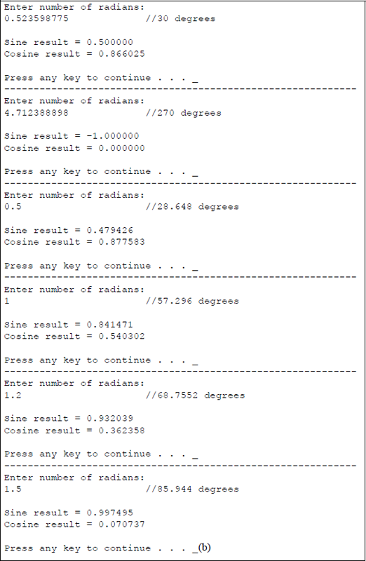 Figure showing program to illustrate the use of the FSIN and FCOS instructions: (a) the program and (b) the outputs.