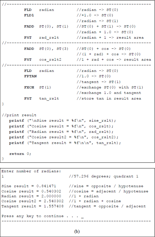 Figure showing program to illustrate utilization of the trigonometric instructions FSINCOS and FPTAN: (a) the program and (b) the outputs.