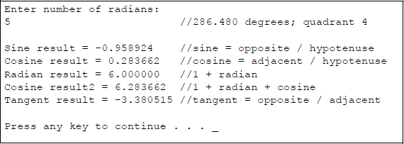 Figure showing program to illustrate utilization of the trigonometric instructions FSINCOS and FPTAN: (a) the program and (b) the outputs.