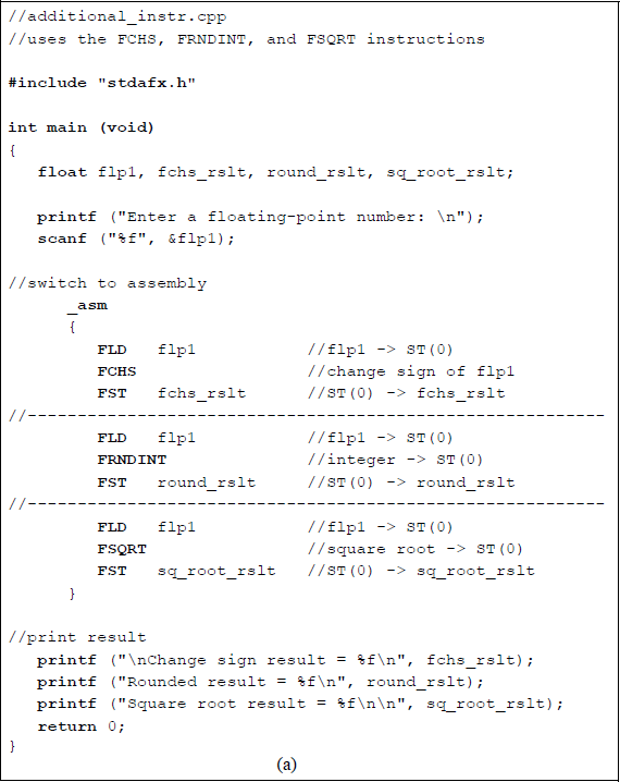 Figure showing program to illustrate using the instructions FCHS, FRNDINT, and FSQRT: (a) the program and (b) the outputs.