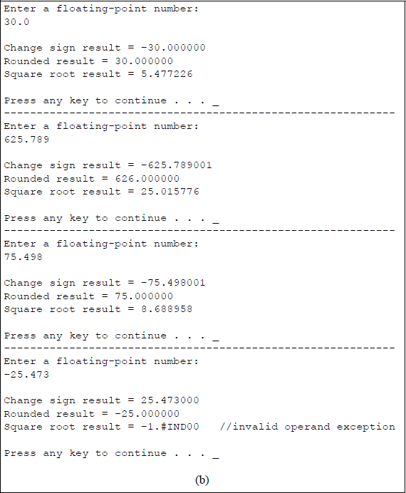 Figure showing program to illustrate using the instructions FCHS, FRNDINT, and FSQRT: (a) the program and (b) the outputs.