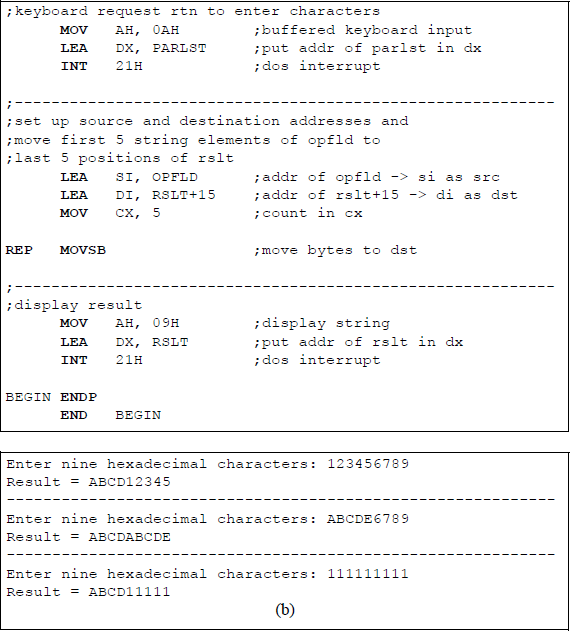 Figure showing program to illustrate an application of using the MOVSB byte instruction with the REP prefix: (a) the program and (b) the outputs.