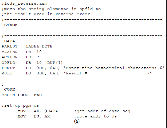 Figure showing program to illustrate an application of the LODSB instruction: (a) the program and (b) the outputs.