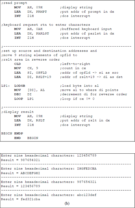Figure showing program to illustrate an application of the LODSB instruction: (a) the program and (b) the outputs.