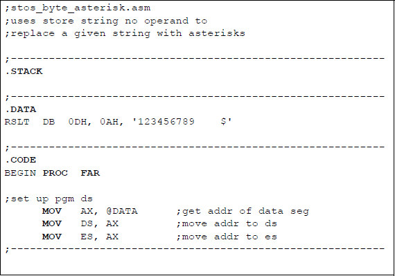 Figure showing using the STOSB string instruction to replace a string in memory.