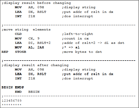 Figure showing using the STOSB string instruction to replace a string in memory.