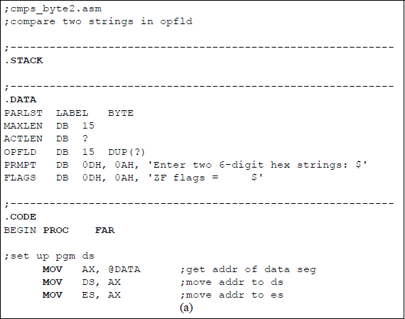 Figure showing program to illustrate using the CMPSB instruction with the REPE prefix: (a) the program and (b) the outputs.