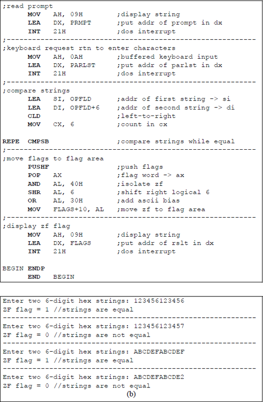 Figure showing program to illustrate using the CMPSB instruction with the REPE prefix: (a) the program and (b) the outputs.