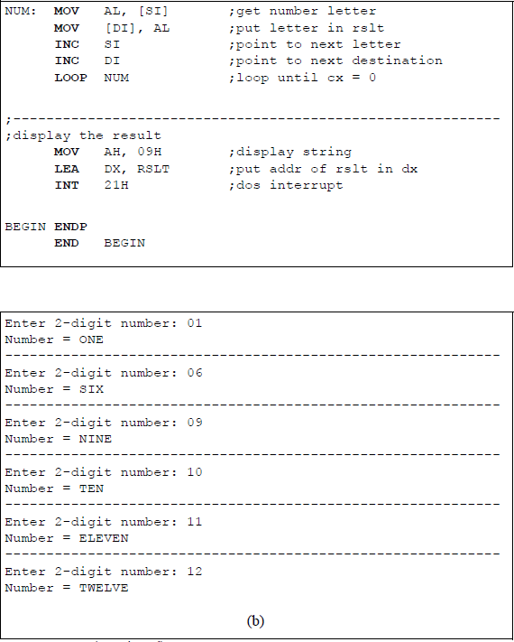 Figure showing program to illustrate selecting a number from the keyboard to be spelled and displayed: (a) the program and (b) the outputs.