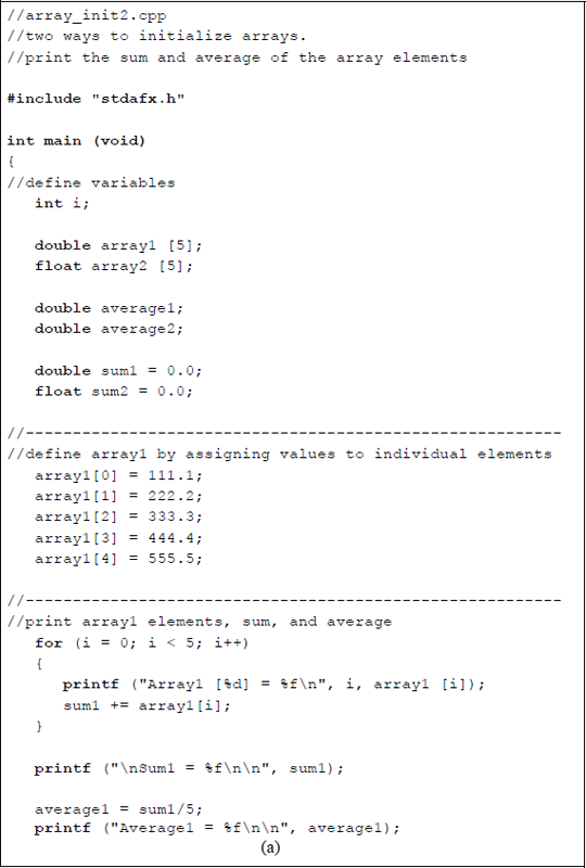 Figure showing program to initialize two arrays and obtain the sum of the array elements and the average: (a) the program and (b) the outputs.