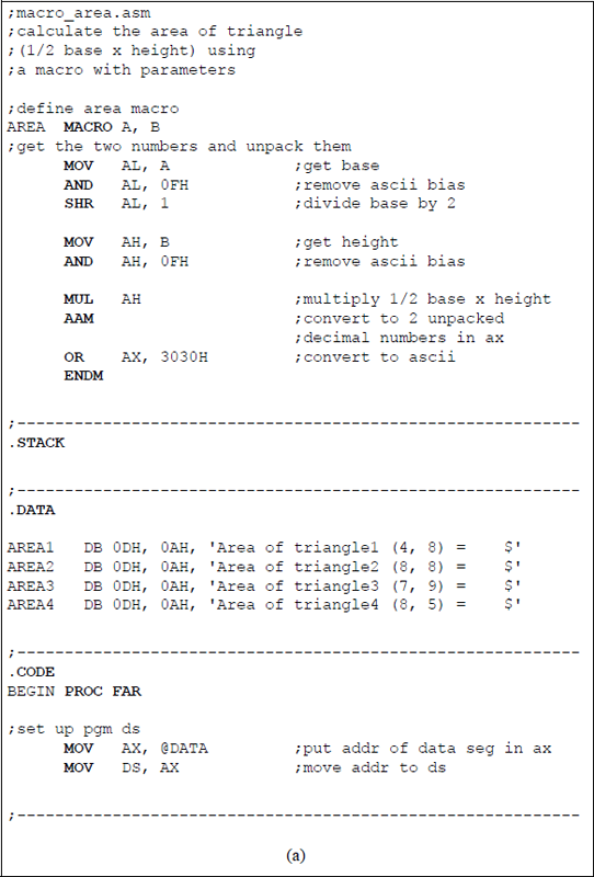 Figure showing program to calculate the area of a triangle using a macro with two parameters: (a) the program and (b) the outputs.