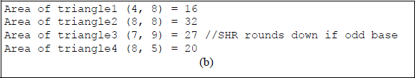 Figure showing program to calculate the area of a triangle using a macro with two parameters: (a) the program and (b) the outputs.