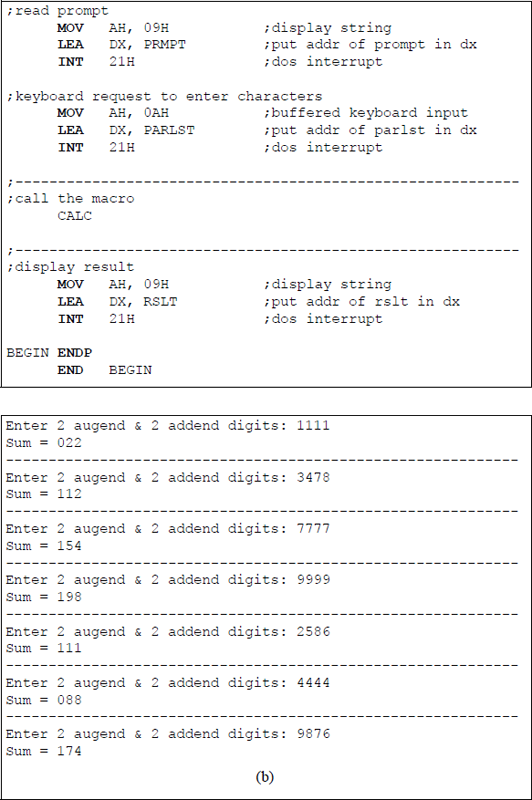 Figure showing program that uses a macro to add two 2-digit operands: (a) the program and (b) the outputs.