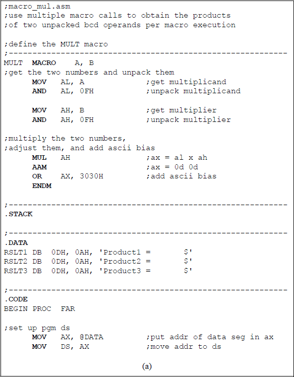 Figure showing program using three macro calls to obtain the product of two unpacked BCD operands: (a) the program and (b) the outputs.