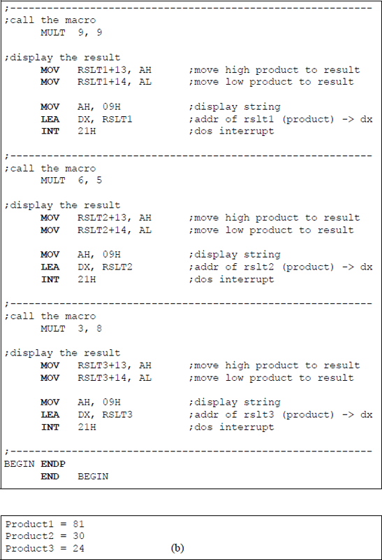 Figure showing program using three macro calls to obtain the product of two unpacked BCD operands: (a) the program and (b) the outputs.