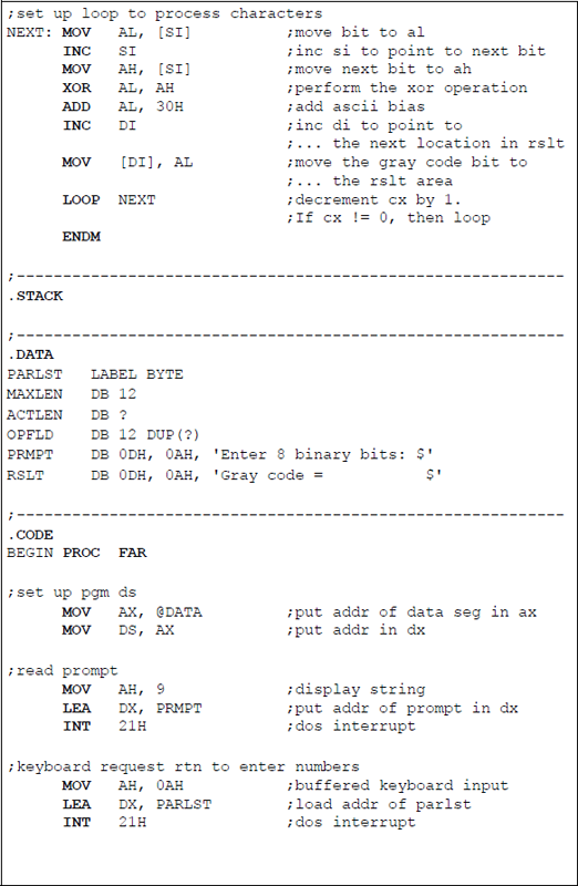 Figure showing an assembly language program to translate an 8-bit binary code word to the corresponding Gray code word: (a) the program and (b) the outputs.