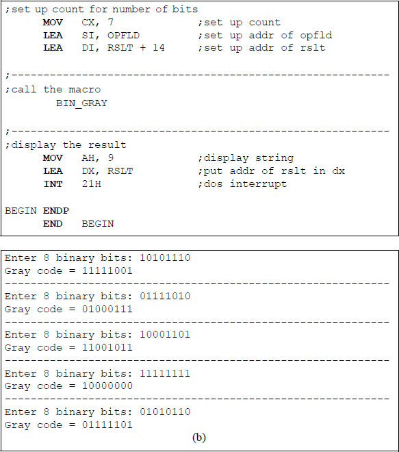 Figure showing an assembly language program to translate an 8-bit binary code word to the corresponding Gray code word: (a) the program and (b) the outputs.