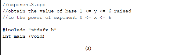 Figure showing program to calculate single-digit bases raised to the power of single-digit exponents: (a) the program and (b) the outputs.
