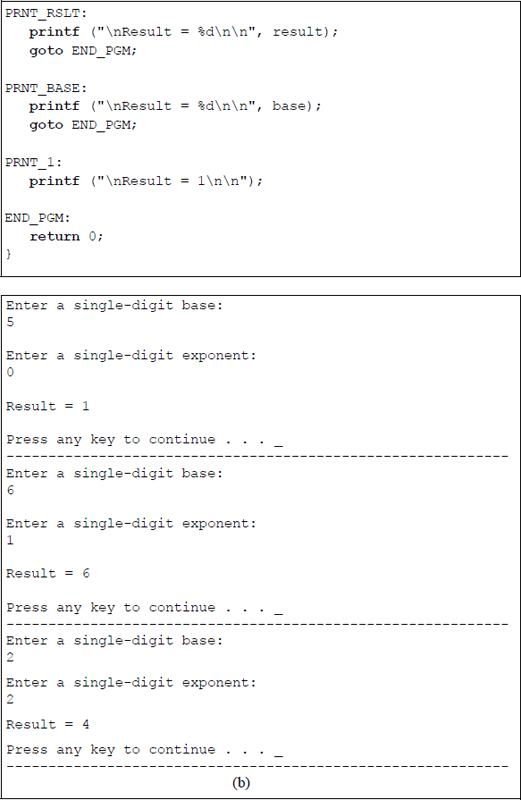 Figure showing program to calculate single-digit bases raised to the power of single-digit exponents: (a) the program and (b) the outputs.