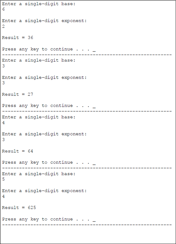 Figure showing program to calculate single-digit bases raised to the power of single-digit exponents: (a) the program and (b) the outputs.