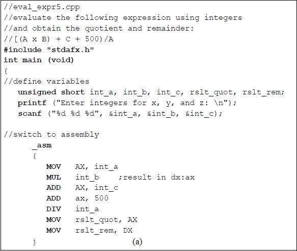 Figure showing program to calculate the value of [(A × B) + C + 500] / A: (a) the program and (b) the outputs.