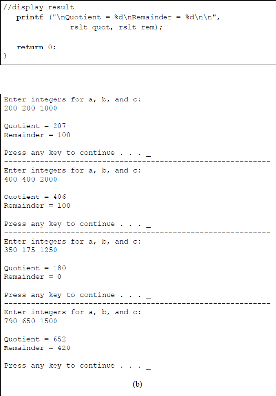Figure showing program to calculate the value of [(A × B) + C + 500] / A: (a) the program and (b) the outputs.