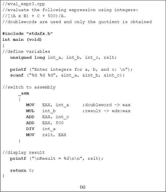 Figure showing program to calculate the value of [(A × B) + C + 500] / A using doubleword operands to obtain the quotient only: (a) the program and (b) the outputs.