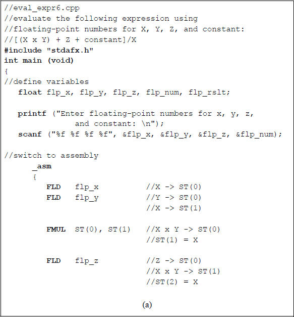 Figure showing program to perform calculations on [(X × Y) + Z + constant] / X: (a) the program and (b) the outputs.