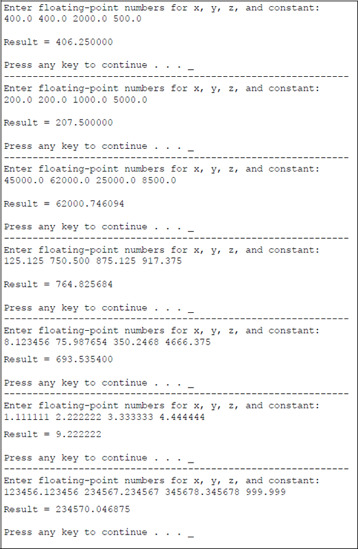 Figure showing program to perform calculations on [(X × Y) + Z + constant] / X: (a) the program and (b) the outputs.