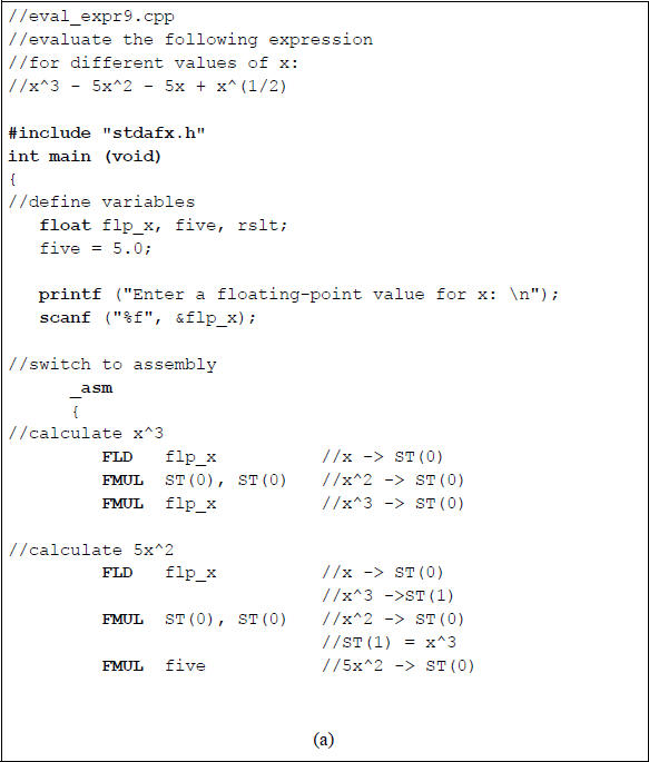 Figure showing program to calculate the given expression for different values of x: (a) the program and (b) the outputs.