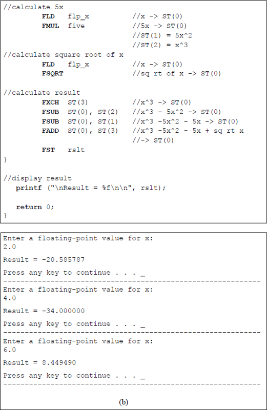 Figure showing program to calculate the given expression for different values of x: (a) the program and (b) the outputs.