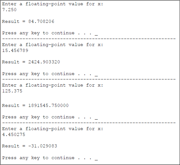 Figure showing program to calculate the given expression for different values of x: (a) the program and (b) the outputs.