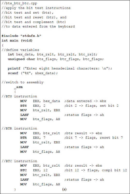 Figure showing program illustrating the use of bit test instructions: (a) the program and (b) the outputs.