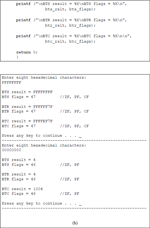 Figure showing program illustrating the use of bit test instructions: (a) the program and (b) the outputs.