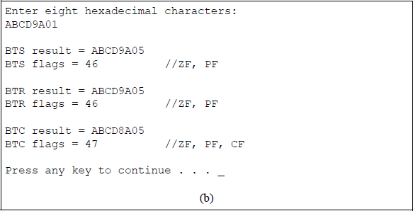 Figure showing program illustrating the use of bit test instructions: (a) the program and (b) the outputs.